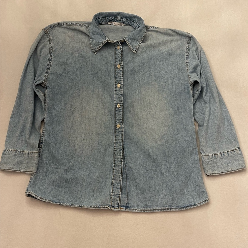 Zara Casual Denim Button-Up Shirt cropped sleeves